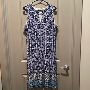 Wisp Cyndie Jersey Dress 16W Blue Moroccan Print Midi Dress